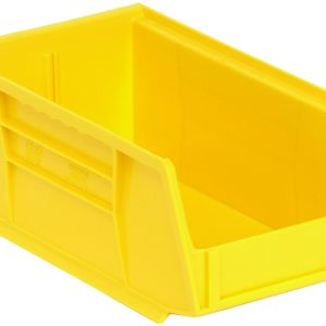 On a white background, the yellow Quantum Bin, measuring 4-1/8W x 7-3/8D x 3H, features an open front for easy access. Stackable or hangable with reinforced sides, it includes front/back/side grips, an anti-slide lock, a divider slot, and a rear hanger. Made in the USA from polypropylene.