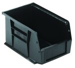 The Quantum Bin is a black polypropylene storage option measuring 6W x 9-1/4D x 5H. It features front, back, and side grips for enhanced handling, an anti-slide lock for item security, one divider slot, a rear hanger, and a molded-in label holder. Made in the USA for versatile organization.