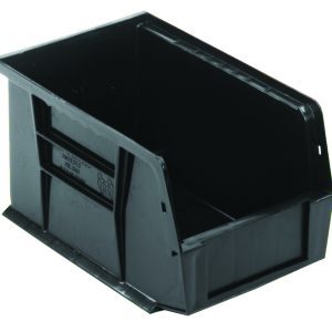 The Quantum Bin is a black polypropylene storage option measuring 6W x 9-1/4D x 5H. It features front, back, and side grips for enhanced handling, an anti-slide lock for item security, one divider slot, a rear hanger, and a molded-in label holder. Made in the USA for versatile organization.