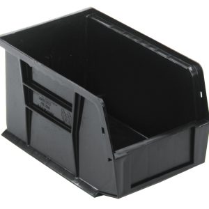 The Quantum Bin is a black, recycled polypropylene storage solution measuring 6W x 9-1/4D x 5H. Featuring front, back, and side grips, an anti-slide lock, rear hanger, divider slot for organization, and a molded-in label holder—perfect for tidy storage! Made in the USA.