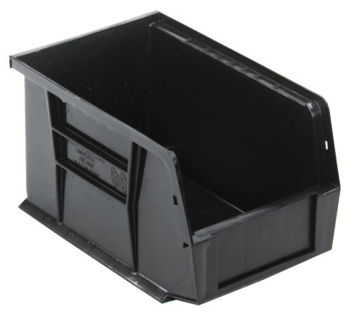 QUS221_BR.jpg The Quantum Bin is a black, recycled polypropylene storage solution measuring 6W x 9-1/4D x 5H. Featuring front, back, and side grips, an anti-slide lock, rear hanger, divider slot for organization, and a molded-in label holder—perfect for tidy storage! Made in the USA.