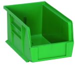 The Quantum Bin, made of green polypropylene, is 6W x 9-1/4D x 5H and features an open front with reinforced front/back/side grips. Ideal for organizing and stacking items in workspaces or garages, it includes an anti-slide lock and a molded-in label holder for easy identification. Made in the USA.