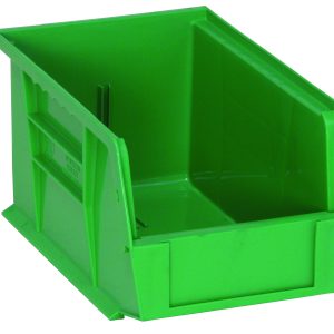 The Quantum Bin, made of green polypropylene, is 6W x 9-1/4D x 5H and features an open front with reinforced front/back/side grips. Ideal for organizing and stacking items in workspaces or garages, it includes an anti-slide lock and a molded-in label holder for easy identification. Made in the USA.