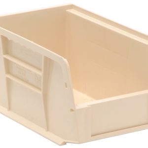 The Quantum Bin, in ivory polypropylene and measuring 6W x 9-1/4D x 5H, is designed for optimal organization with front, back, and side grips. Its rear hanger allows stacking or hanging, while a flat base and anti-slide lock ensure stability on shelves or workspaces. Made in the USA.