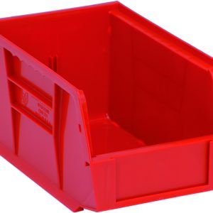 The red Quantum Bin, made in the USA from polypropylene, measures 6W x 9-1/4D x 5H and features front/back/side grips, an anti-slide lock, a single divider slot for organization, a rear hanger, and a molded-in label holder.