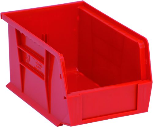 QUS221_RD.jpg The red Quantum Bin, made in the USA from polypropylene, measures 6W x 9-1/4D x 5H and features front/back/side grips, an anti-slide lock, a single divider slot for organization, a rear hanger, and a molded-in label holder.