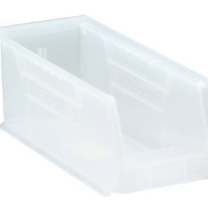 The Quantum Bin is a clear polypropylene organizer, measuring 4-1/8W x 10-7/8D x 4H, with front, back, and side grips. It features an anti-slide lock for easy stacking or nesting and includes a rear hanger, one divider slot, and molded-in label holder. Made in the USA.