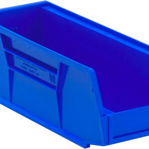 The Quantum Bin is a blue polypropylene storage solution with front/back/side grips, anti-slide lock, and a divider slot. Measuring 4-1/8W x 10-7/8D x 4H, it features a rear hanger and molded-in label holder, making it perfect for organizing small items in workshops or storage areas. Made in the USA.