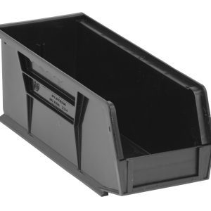 The Quantum Bin, made in the USA from recycled polypropylene, measures 4-1/8W x 10-7/8D x 4H and includes an open front for small items, reinforced sides, a molded-in label holder, and versatile front/back/side grips. It features an anti-slide lock and can be stacked or hung with the rear hanger.