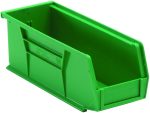 The Quantum Bin is a large green polypropylene storage solution, measuring 4-1/8W x 10-7/8D x 4H, with reinforced grip sides and an open front for efficient stacking or organizing.