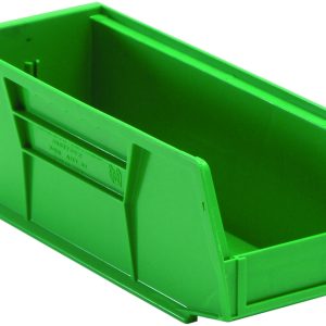 The Quantum Bin is a large green polypropylene storage solution, measuring 4-1/8W x 10-7/8D x 4H, with reinforced grip sides and an open front for efficient stacking or organizing.