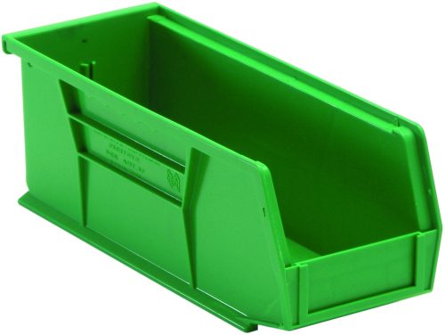 The Quantum Bin is a large green polypropylene storage solution, measuring 4-1/8W x 10-7/8D x 4H, with reinforced grip sides and an open front for efficient stacking or organizing.