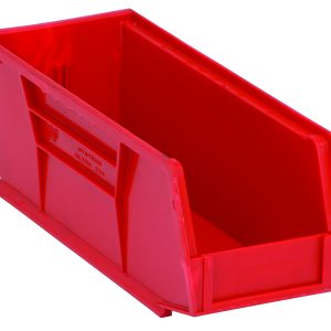 The Quantum Bin is a red, rectangular polypropylene storage bin (4-1/8W x 10-7/8D x 4H) with front/back/side grips, an open front, an anti-slide lock, and raised edges. It includes a rear hanger and divider slot for efficient organizing or storing items. Made in the USA.