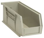 A stone-colored Quantum Bin, made of polypropylene and measuring 4-1/8W x 10-7/8D x 4H, features front/back/side grips, an anti-slide lock, a divider slot, rear hanger, and molded-in label holder. Made in the USA.
