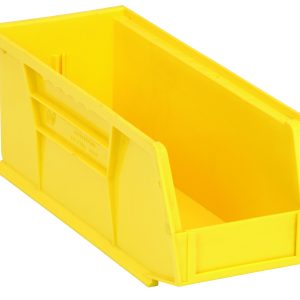 The Quantum Bin is a yellow, polypropylene storage solution, measuring 4-1/8W x 10-7/8D x 4H. It features an anti-slide lock, front/back/side grips, and a rear hanger for stacking or hanging. Designed for easy organization with one divider slot and a molded-in label holder. Made in the USA.