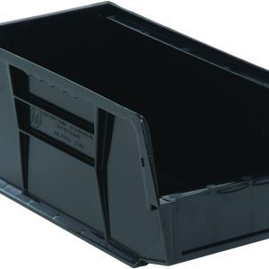 The Quantum Bin is a conductive black storage bin with front/back/side grips, anti-slide lock, divider slot, and rear hanger. Perfect for organizing, it features slightly raised sides and a flat bottom for easy stacking or hanging. Dimensions: 5-1/2W x 10-7/8D x 5H. Made in the USA.
