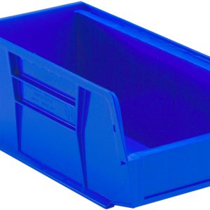 The blue Quantum Bin, made in the USA from polypropylene, is perfect for organizing small items. It measures 5-1/2W x 10-7/8D x 5H and features an open side with a divider slot, ridged front/back/side grips, an anti-slide lock, rear hanger, and molded-in label holder against a white background.