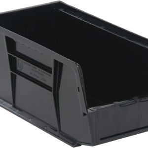 The Quantum Bin, black in color and made of recycled polypropylene, measures 5-1/2W x 10-7/8D x 5H. It features front/back/side grips, an anti-slide lock, integrated divider slot, rear hanger, and molded-in label holder for easy organization and handling. Made in the USA.