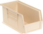 The Quantum Bin, 5-1/2W x 10-7/8D x 5H in ivory polypropylene, features an open top, slanted front, ribbed sides, and a divider slot for easy organization. With front/back/side grips and anti-slide lock, its ideal for stable stacking or storing items efficiently. Made in the USA.