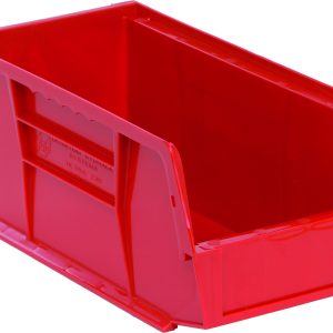 The Quantum Bin is a red polypropylene storage solution that measures 5-1/2W x 10-7/8D x 5H, featuring front/back/side grips, an anti-slide lock, a divider slot, rear hanger, and molded-in label holder. Perfect for organizing small parts or items, this bin can be stacked or hung. Made in the USA.