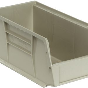 The Quantum Bin, made in the USA from stone-colored polypropylene, measures 5-1/2W x 10-7/8D x 5H. It features reinforced sides, a flat base for stability, anti-slide lock, front/back/side grips, molded-in label holder, a rear hanger, and includes a divider slot for better organization.