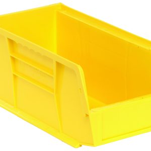 The Quantum Bin is a yellow polypropylene storage container, 5-1/2W x 10-7/8D x 5H with an open front, convenient front/back/side grips, anti-slide lock, a divider slot for organization, rear hanger, and molded-in label holder. Made in the USA.