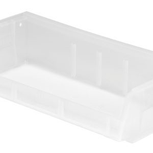 The clear Quantum Bin, made of polypropylene and featuring a rectangular shape with an anti-slide lock, slanted front edge, grooved sides for easy access, is shown empty against a white background. It includes grips, divider slots, a rear hanger, and molded-in label holder.