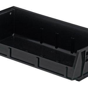 The black Quantum Bin, 11W x 5-3/8D x 3H, made of polypropylene, features slanted sides, three divider slots, an anti-slide lock for stability, and a molded-in label holder—ideal for organizing items. It can be stacked or hung using the rear hanger and front/back/side grips. Made in the USA.