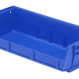 The Quantum Bin, made in the USA from blue polypropylene, measures 11W x 5-3/8D x 3H. It features front/back/side grips, an anti-slide lock, rear hanger, molded-in label holder, three divider slots, and is designed for stacking or hanging to organize small items efficiently.
