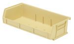The Quantum Bin is an ivory, polypropylene storage solution measuring 11W x 5-3/8D x 3H. It features front/back/side grips, an anti-slide lock, and a rear hanger. With three divider slots and a molded-in label holder, this USA-made bin is perfect for stacking or hanging.