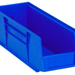 The Quantum Bin is a blue polypropylene storage solution measuring 5-1/2W x 14-3/4D x 5H, featuring front, back, and side grips for easy handling. It includes an open-front design, anti-slide lock, molded-in label holder, rear hanger, and divider slot. Made in USA.