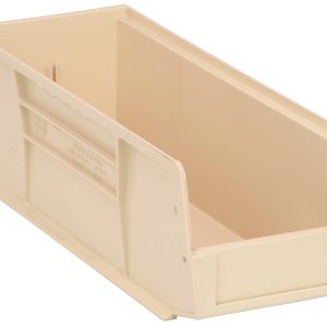 The Quantum Bin, made of ivory polypropylene and measuring 5-1/2W x 14-3/4D x 5H, is perfect for organizing small items. It features front/back/side grips for easy handling, an anti-slide lock, a rear hanger, a molded-in label holder, and one divider slot. Made in the USA.