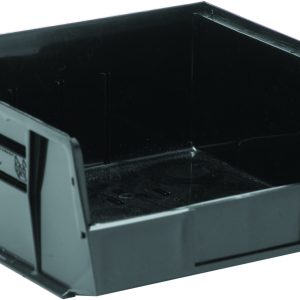 The Quantum Bin is a black, conductive plastic storage bin with front/back/side grips and an anti-slide lock, featuring an 11W x 10-7/8D x 5H design for versatile stacking or hanging. It includes three divider slots, a rear hanger, and a molded-in label holder. Made in the USA.
