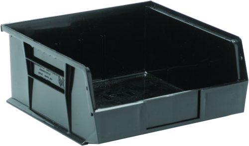 The Quantum Bin is a black, conductive plastic storage bin with front/back/side grips and an anti-slide lock, featuring an 11W x 10-7/8D x 5H design for versatile stacking or hanging. It includes three divider slots, a rear hanger, and a molded-in label holder. Made in the USA.