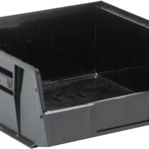 The Quantum Bin is a black, recycled polypropylene storage unit designed for stacking or hanging. Measuring 11W x 10-7/8D x 5H with an anti-slide lock, front/back/side grips, and three divider slots, it’s ideal for organizing small items and features a molded-in label holder. Made in the USA.