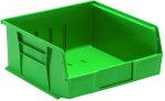 The Quantum Bin, made of green polypropylene, measures 11W x 10-7/8D x 5H. It has front/back/side grips, a rear hanger, a molded-in label holder, an anti-slide lock, and three divider slots for secure organization. Made in the USA.