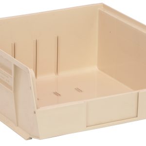 The Quantum Bin is an ivory, polypropylene storage solution with front/back/side grips, a molded-in label holder, and an anti-slide lock. It measures 11W x 10-7/8D x 5H and features three divider slots for organization. Its slightly angled design allows for stacking or hanging securely. Made in the USA.