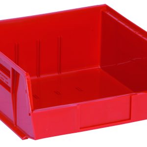 The Quantum Bin, made in the USA from polypropylene, measures 11W x 10-7/8D x 5H. It’s red with front/back/side grips and an anti-slide lock. Designed for neat organization, it has three divider slots, a rear hanger, and a molded-in label holder for easy labeling.