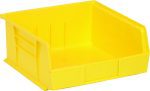 The Quantum Bin is a 11W x 10-7/8D x 5H bright yellow polypropylene container with front/back/side grips, an anti-slide lock, and solid sides for secure stacking. It features an open front for easy access, three divider slots, a rear hanger, and a molded-in label holder. Made in the USA.