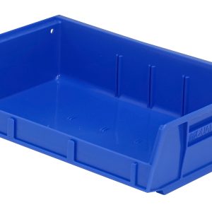 The Quantum Bin is a blue polypropylene storage container, 11W x 7-3/8D x 3H, with front/back/side grips, an anti-slide lock for stability, three divider slots, a rear hanger, and a molded-in label holder. Its made in the USA and designed for stacking or hanging.