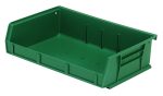 The Quantum Bin is a green, rectangular polypropylene bin measuring 11W x 7-3/8D x 3H. It features front/back/side grips, an anti-slide lock, three divider slots, a rear hanger, and a molded-in label holder. Made in the USA, its perfect for stacking or hanging.