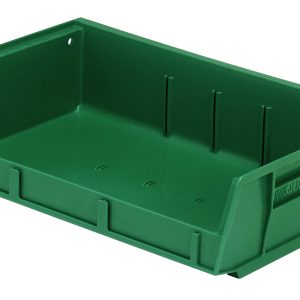 The Quantum Bin is a green, rectangular polypropylene bin measuring 11W x 7-3/8D x 3H. It features front/back/side grips, an anti-slide lock, three divider slots, a rear hanger, and a molded-in label holder. Made in the USA, its perfect for stacking or hanging.