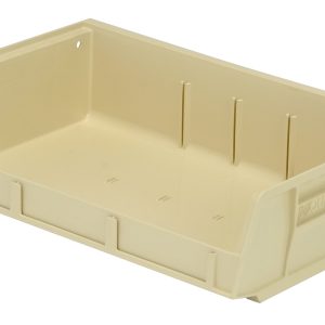 An ivory Quantum Bin with grips on all sides, an anti-slide lock, a stackable design, and molded-in label slots. It measures 11W x 7-3/8D x 3H and can be stacked or hung using the rear hanger. Made from polypropylene in the USA, its shown on a white background.