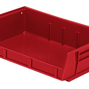 The Quantum Bin is a red polypropylene storage solution measuring 11W x 7-3/8D x 3H. It features front, back, and side grips with an anti-slide lock, ribbed exterior for strength, smooth bottom design, molded-in label holder, and rear hanger for organizing in workshops or garages. Made in the USA.