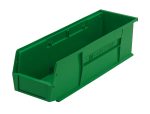 The Quantum Bin is a green polypropylene storage bin, 5.5W x 18D x 5H, with front/back/side grips and an anti-slide lock. It features a divider slot for organization, rear hanger, molded-in label holder, and is made in the USA.