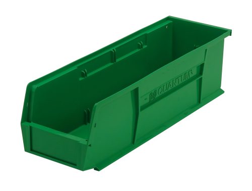 The Quantum Bin is a green polypropylene storage bin, 5.5W x 18D x 5H, with front/back/side grips and an anti-slide lock. It features a divider slot for organization, rear hanger, molded-in label holder, and is made in the USA.