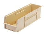 The Quantum Bin is an ivory polypropylene storage bin, measuring 5-1/2W x 18D x 5H. It features front, back, and side grips, an anti-slide lock, a rear hanger, and a molded-in label holder. The side is embossed with Quantum, and the interior includes one divider slot. Made in the USA.