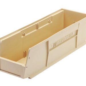 The Quantum Bin is an ivory polypropylene storage bin, measuring 5-1/2W x 18D x 5H. It features front, back, and side grips, an anti-slide lock, a rear hanger, and a molded-in label holder. The side is embossed with Quantum, and the interior includes one divider slot. Made in the USA.