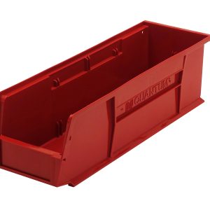 The Quantum Bin, a red polypropylene storage container measuring 5-1/2W x 18D x 5H, features an open top with front/back/side grips for easy access. Its stackable with an anti-slide lock and includes a rear hanger and divider slot, ideal for organizing in workshops or storage settings.