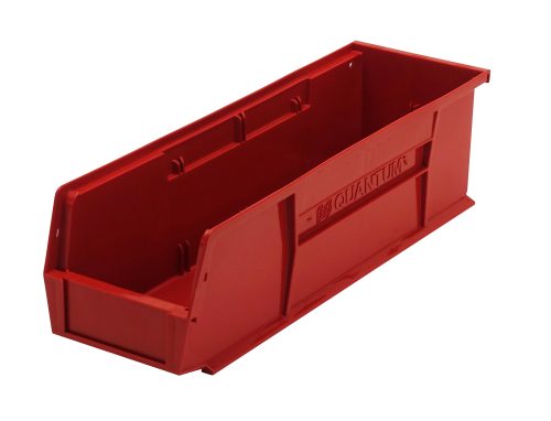 The Quantum Bin, a red polypropylene storage container measuring 5-1/2W x 18D x 5H, features an open top with front/back/side grips for easy access. Its stackable with an anti-slide lock and includes a rear hanger and divider slot, ideal for organizing in workshops or storage settings.